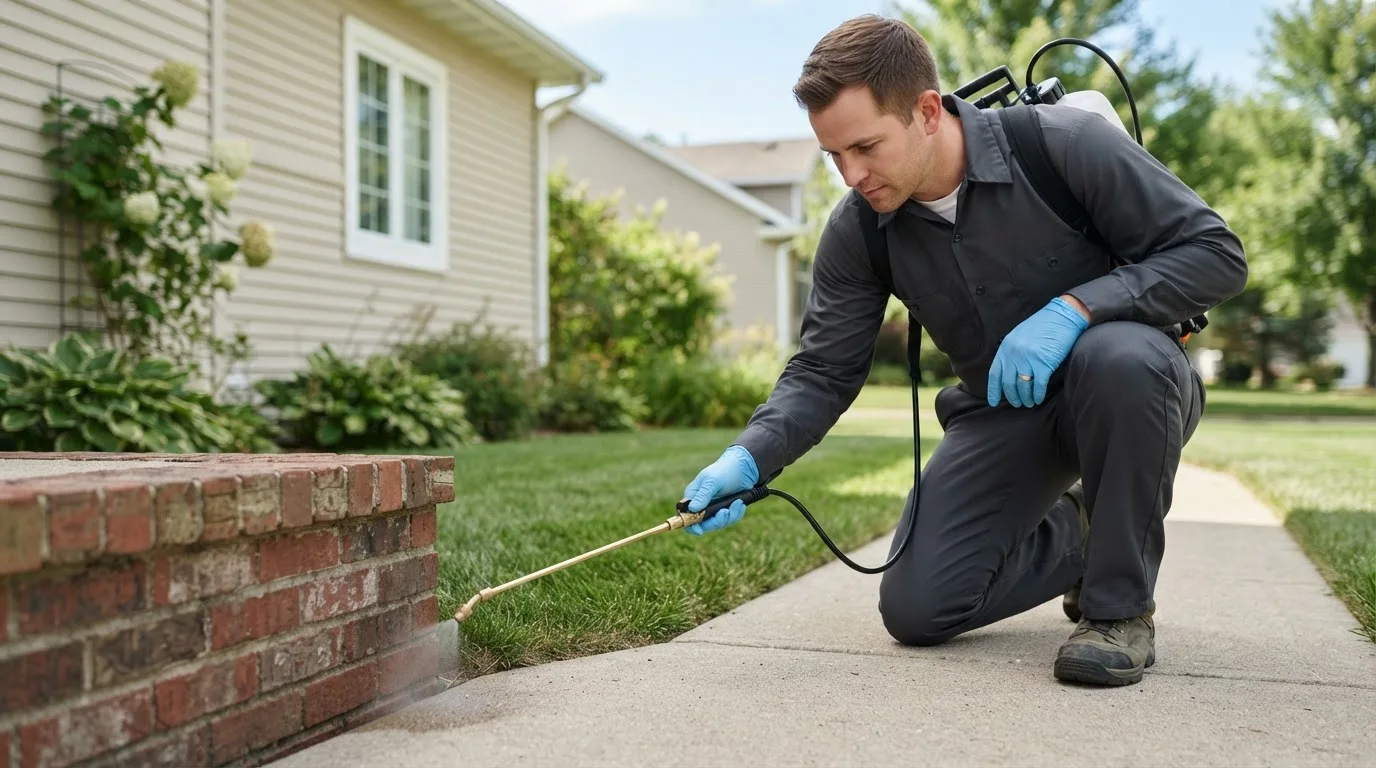 Pest control technician treating a home near Higgins, TX