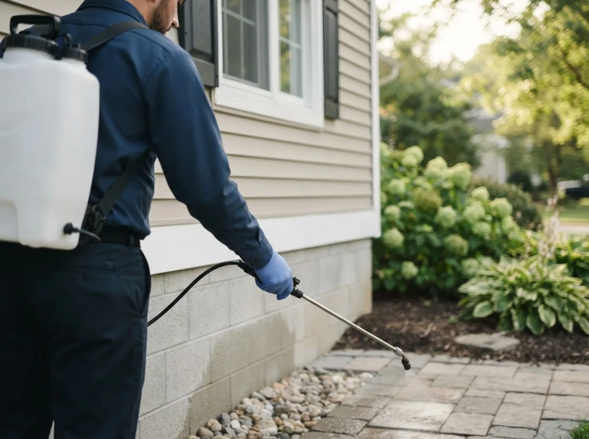 Pest control technician inspecting a home in Higgins, TX